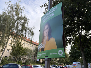 gr&uuml;nen-wahlplakat, das mit sehr vielen kabelbindern versehen ist, einige um das plakat an eiunem laternenpfahl festzubinden, ein ige um zwei plakate zusammen zu halten.