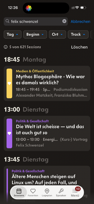 screenshot der #rp26-app mit einer suche nach &bdquo;felix schwenzel&ldquo;
