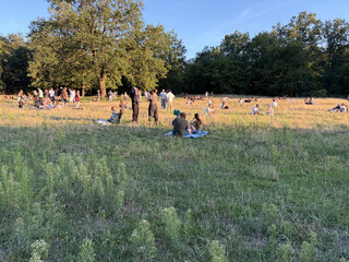 bild von der grossen wiese in den rehbergen. wegen der sonnenfinsternis haben sich recht viele leute versammelt und sitzen im gras.