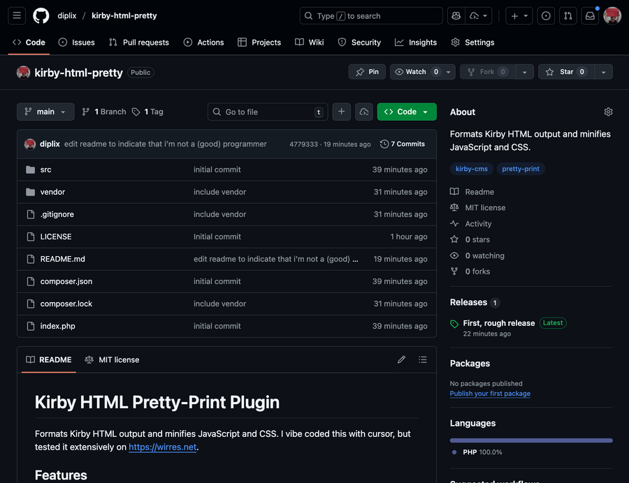 screenshot der github seite für den kirby-html-pretty Public plugin