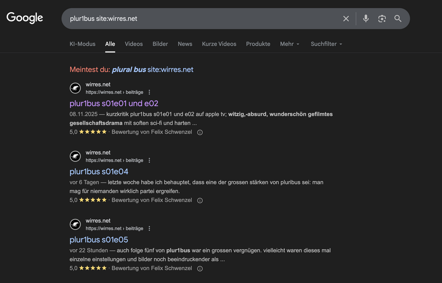 screenshot einer google suche nach „site:wirres.net pluribus“