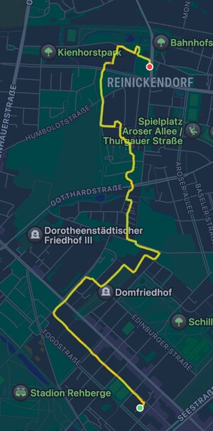 screenshot der apple watch aufzeichnung unseres spaziergangs heute vom wedding zum paracelsus-bad (ca. 5 km)