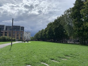 bild von der gedenkstätte berliner mauer an der bernauer str. man sieht viel grün und kaum mauer.