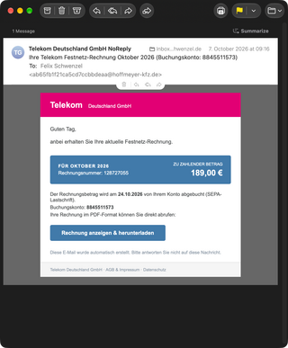 eine fast täuschend echte telekom-rechnung, deren 189 € rechnungsbetrag mich zum aufrufen einer fake seite inspirieren sollte