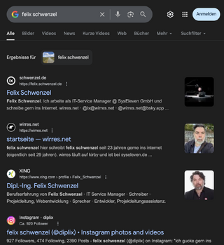 screenshot einer google suche nach „felix schwenzel“ (ohne bei google angemeldet zu sein). an erster stelle felix.schwenzel.de und an zweiter wirres.net.