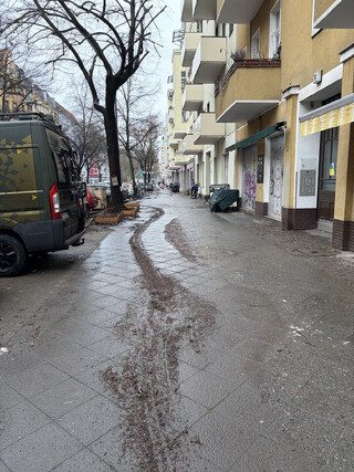foto vom gehweg der cornelius-fredericks-str. man sihe dass mit einer kehrmaschine gekehrt wurde, allerdinsg sieht es auch so aus, als sei der kehrmaschinenfahrer besoffen gewesen, weil er oder sie schlangenlinien gefahren ist.