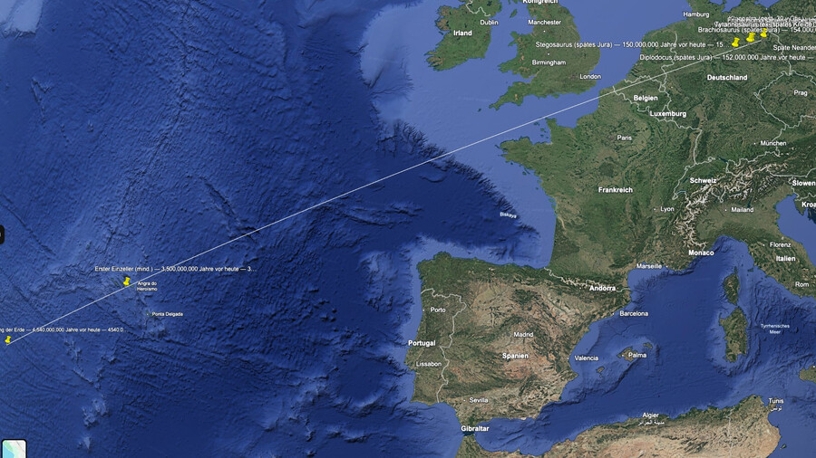 screenshot einer kartenprojektion verschiedener erdgeschichtlicher ereignisse. man sieht europa und den atlantik, die entstehung der erten einzeller liegt bei den azoren, 1000 km entfernt schon die entstehung der erde. (die abstände sind wegen der kartenprojektion etwas verzerrt)