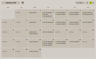 kalender aus meinem medientracker floppy. man sieht die releases für den september, u.a. slow horses, the gentlemen und formel 1.