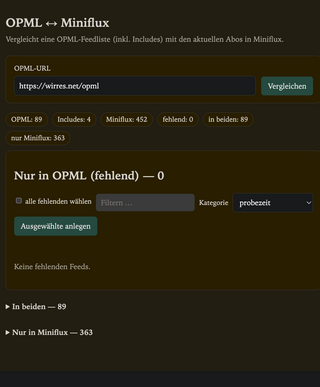 screenshot meiens vibe-gecodeten OPML tools, mit dem ich den inhalt eines OPML-links mit den abo in meinem RSS-reader miniflux vergleichen und gegebenenfalls ergönzen kann.