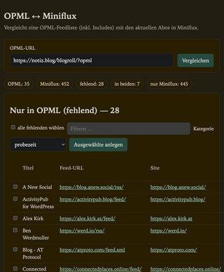 screenshot meiens vibe-gecodeten OPML tools, mit dem ich den inhalt eines OPML-links mit den abo in meinem RSS-reader miniflux vergleichen und gegebenenfalls ergönzen kann.
