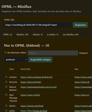 screenshot meiens vibe-gecodeten OPML tools, mit dem ich den inhalt eines OPML-links mit den abo in meinem RSS-reader miniflux vergleichen und gegebenenfalls ergänzen kann.