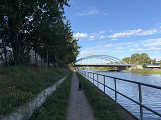 fussweg am kanal, vorne auf dem weg wartet frida auf mich, man sieht vorweg ein vrücke über den kanal.