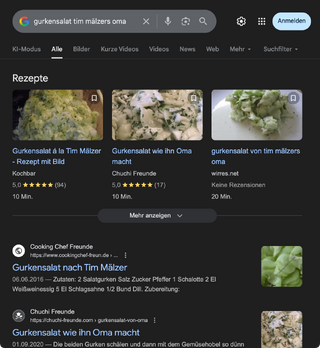 screenshot einer suche nach „gurkensalat tim mälzers oma“. „mein“ rezept steht oben im karussel.