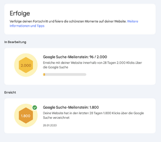 screenshot der „erfolge“ in der google webmaster cnsole. meine erfolge sind aktuell sind offensichtlich minimal.