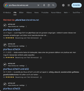 screenshot meine rezensionen von plur1bus im google index werden sie mit den sternchen angezeigt.