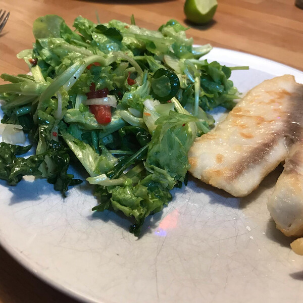 selbst­ge­mach­ter sa­lat mit tk-fisch.