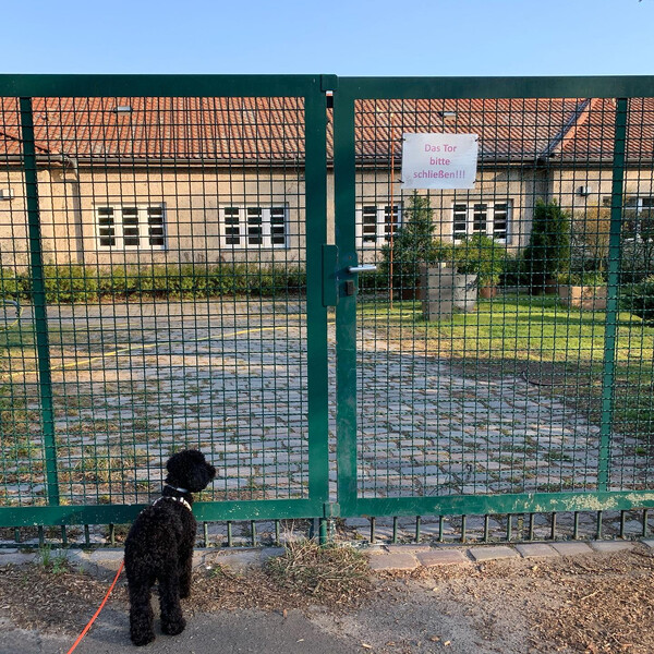 auf dem schild steht: „Das Tor bit­te schlie­ßen!!!“ich und #fri­da frag­ten uns: wie­so? ist doch schon zu!