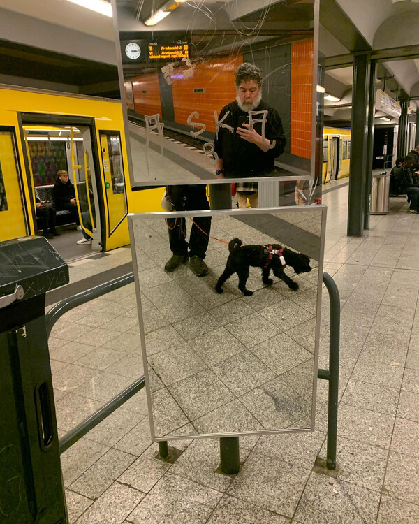 satz von selt­sa­mer schön­heit und gleich­zei­tig bild­be­schrei­bung: durchs han­dy in den spie­gel gu­cken.